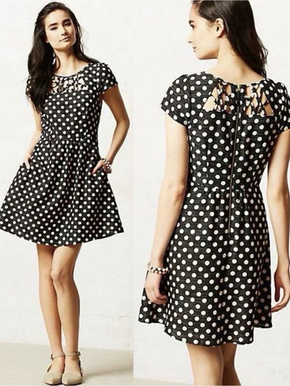 Maeve Anthropologie Nicola Dress 0 Black White Polka Dot Cutout Fit Flare